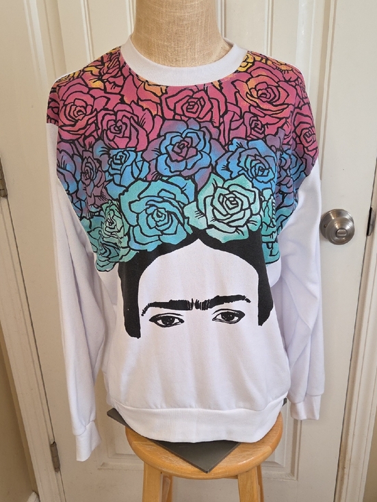 Frida Kahlo Tops - Floral Crown Frida Kahlo White Sweatshirt With Eyes And Roses
